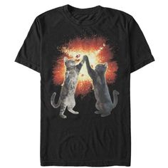 Everyone wishes their handshake could be as cool as the Lost Gods Cat High Five Explosion Black T-Shirt. This funny tee features two cats high-pawing with an explosion of fire printed across the front. Size: large. Gender: male. Age Group: adult. Material: Cotton. Silly Graphic Tees, Power Of Friendship, Funky Shirts, Two Cats, Graphic Apparel, Pinterest Closet, High Five, Slim Fit Shorts, Cat Shirts