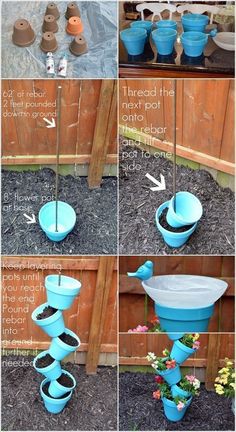 the instructions for how to make an upside down flower pot garden planter from plastic cups