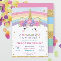 a unicorn birthday party card with confetti and streamers around it on a white background