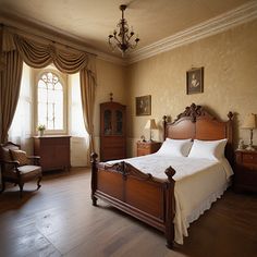 a bedroom with a bed, dressers and chair in the corner next to a window