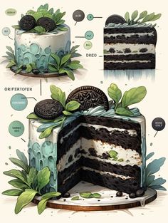 an image of a cake with oreo cookies on top and mint leaves around it