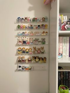 a book shelf filled with lots of different kinds of figurines on top of it