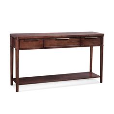 a wooden console table with two drawers on one side and an open drawer at the bottom