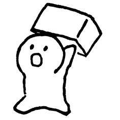 a black and white drawing of a person with a box on their head