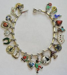 RARE VINTAGE ANTIQUE GERMAN SILVER ENAMEL LUCKY CHARM BRACELET 20 CHARMS 7.25"  | eBay Lucky Charm Bracelet, German Silver Jewelry, Avon Vintage, Vintage Charm Bracelet, Jewelry Bracelets Silver, Assemblage Jewelry, Chanel Vintage, Silver Charm Bracelet, German Silver