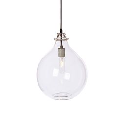 a clear glass light bulb hanging from a black cord