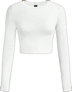 White Fitted Long Sleeve Crew Neck Top, Basic High Stretch Solid Color Tops, Stretch Solid Color Plain Tops, Stretch Plain Solid Color Tops, Solid Color Fall Crop Top, Solid Color Stretch Crop Top, Solid Stretch Crop Top, Cotton Crew Neck Crop Top In Solid Color, High Stretch White Crop Top