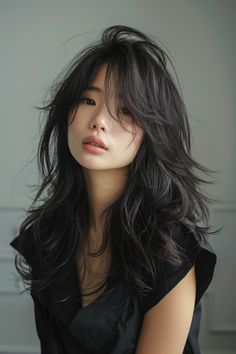 Bring movement, dimension and intrigue to long hair with layers and bangs. Here are 49 gorgeous long layered hair ideas with bangs for your next refresh! 👆 Click for more ideas！ Female Haircuts Straight Hair, Long Haircut Not Styled, Hair Cuts Long Hair Layers Bangs, Haircuts With Layers And Curtain Bangs, Bangs With Long Hair Asian, Long Wolfcut With Bangs, Long Haircut Asian, Messy Hair With Bangs, Long Black Wolf Cut