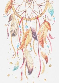 a drawing of a dream catcher with feathers and beads