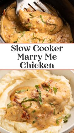 slow cooker mary me chicken with gravy on top and mashed potatoes in the bottom