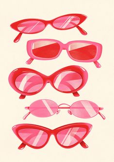 three pairs of pink sunglasses with red and white stripes on the lens, one pair is shaped like a cat's eye