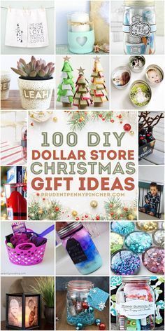 a collage of different christmas gifts in jars and pictures with the words, 100 diy dollar store christmas gift ideas