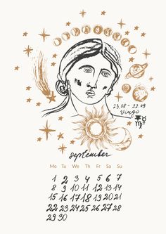 a calendar with an image of a woman's face and sun in the background