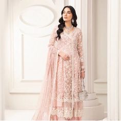 4 Piece Embroidered Organza Suit Light Pink Angrakha, Sequins And Thread Embroidered Floral And Delicate Pearl Trim Pearl Hangings On Sleeves & Border Sleeveless Undershirt Cotton Satin Wide-Leg Trouser Raw Silk Dupatta Net Sequins & Thread Embroidered With Pearl Lace Border Pink Desi Clothes, Angrakha Pakistani, Maria B Dresses, Pearl Lace Border, Baat Pakki, Organza Suit, Organza Suits, Pearl Lace, Maria B