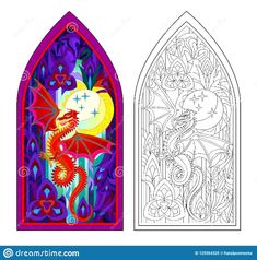 a stained glass window with a dragon on it and an image of a dragon in the background