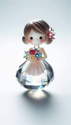 a glass figurine holding a bouquet of flowers in her hand and standing on top of a crystal ball