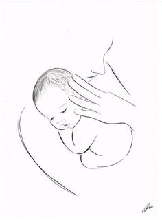 a black and white drawing of a baby's head being held by its mother