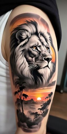 a man's arm with a lion tattoo on it and palm trees in the background