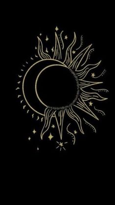 the sun and moon are drawn in gold on a black background