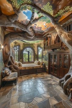 a bedroom with a tree like ceiling and stone flooring