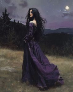 a painting of a woman in a purple dress looking at the stars above her head