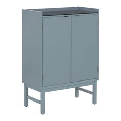 a gray cabinet sitting on top of a white floor next to a metal frame and legs