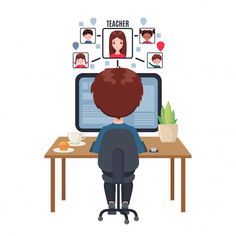 a person sitting at a desk in front of a computer with people on the screen