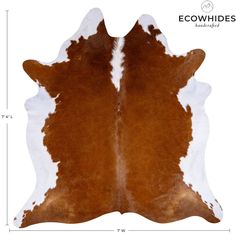 the brown and white cowhide rug is shown with measurements for each animal's skin