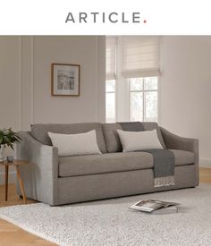 a couch sitting on top of a white rug in a living room next to a window