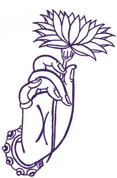 a black and white drawing of a flower in a vase with a person holding it