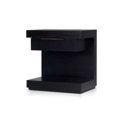 the side table has an open drawer on one side and a closed drawer on the other