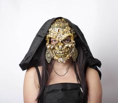 Carnival skull mask with black hooded cloak, skull mask with rhinestones, mask through gold with black hair, skull mask metallic decor You can buy only a black cloak-hood, or only a skull mask, or a skull mask with a black hood Black Cloak, Black Hood, Skull Mask, Hooded Cloak, Costume Mask, Cloak, Costume Accessories, Metal Decor, Black Hair