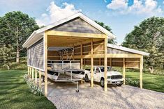 two cars are parked in front of a covered carport on the side of a road