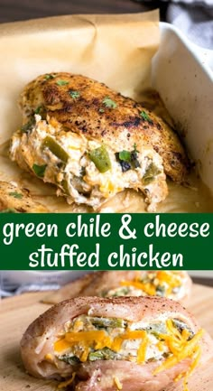 green chile and cheese stuffed chicken on a cutting board with text overlay that reads, green chile and cheese stuffed chicken