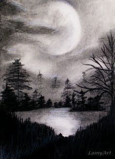 a black and white drawing of a lake with trees in the foreground under a full moon