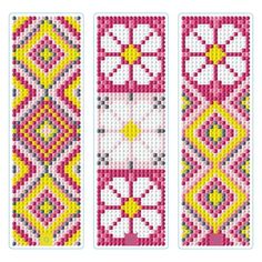 two cross stitch bookmarks with different designs on them, one in pink and the other in yellow