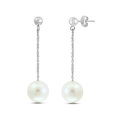 Lustrous freshwater cultured pearls dangle elegantly in these luxurious women's drop earrings. Fashioned in 14K white gold, the earrings secure in place with friction backs. From the Lali Jewels Collection. Luxury 14k Gold Drop Pearl Earrings, Luxury Long Drop Pearl Earrings, Silver Akoya Pearl Dangle Earrings, Classic Drop Earrings With Pearl Chain, Dangle Pearl Earrings Fine Jewelry, Classic White Gold Linear Earrings, Elegant White Gold Drop Linear Earrings, Formal White Gold Briolette Earrings, Fine Jewelry Pearl Pendant Dangle Earrings