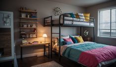 a bedroom with a bunk bed, desk and shelves filled with colorful pillows on top of it