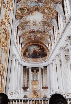 two people standing in front of an ornate ceiling with paintings on the walls and ceilings