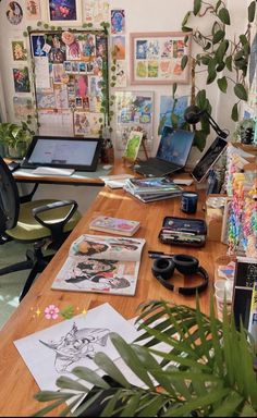 a wooden desk topped with lots of office supplies