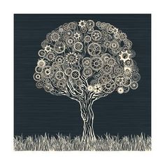 a tree with gears on it in the grass framed print by setsofe art