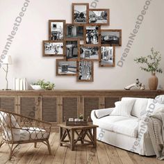 a living room with white furniture and pictures on the wall above it's coffee table