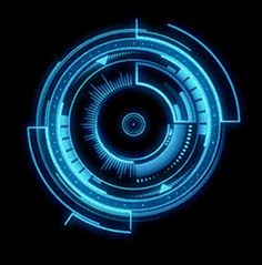 an abstract blue circle with lines and circles in the center on a black background stock photo