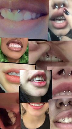 a collage of photos showing different types of teeth and mouth piercings on each side of the image