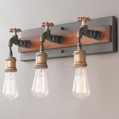 three light bulbs are attached to the wall with wood and metal fittings on it