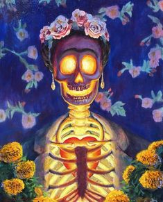 a painting of a skeleton with flowers in its hair