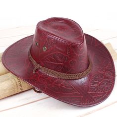 Faux Leather Mens Cowboy Hat, Red With Strap, Rope - Western Wide Brim Red Cowboy Hat, Mens Cowboy Hats, Leather Cowboy Hats, Cowboy Costume, Chapeau Cowboy, Travel Hat, Western Cowboy Hats, Riding Hats, Trendy Hat