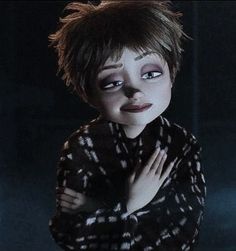 an animated doll is posing for the camera with her hands on her chest and eyes open