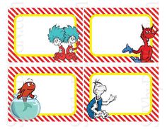 dr seuss and the cat in the hat name tags with images of cats in the hat