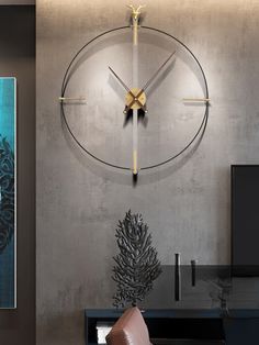 a living room with a large clock on the wall